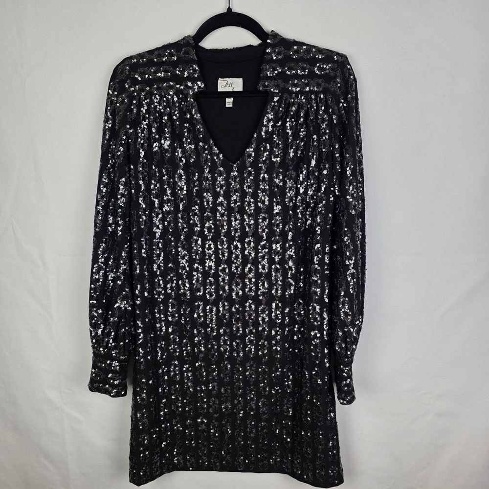 Milly of‎ New York Black Silver Sequin Chain Link V-Neck Mini Dress Womens 4